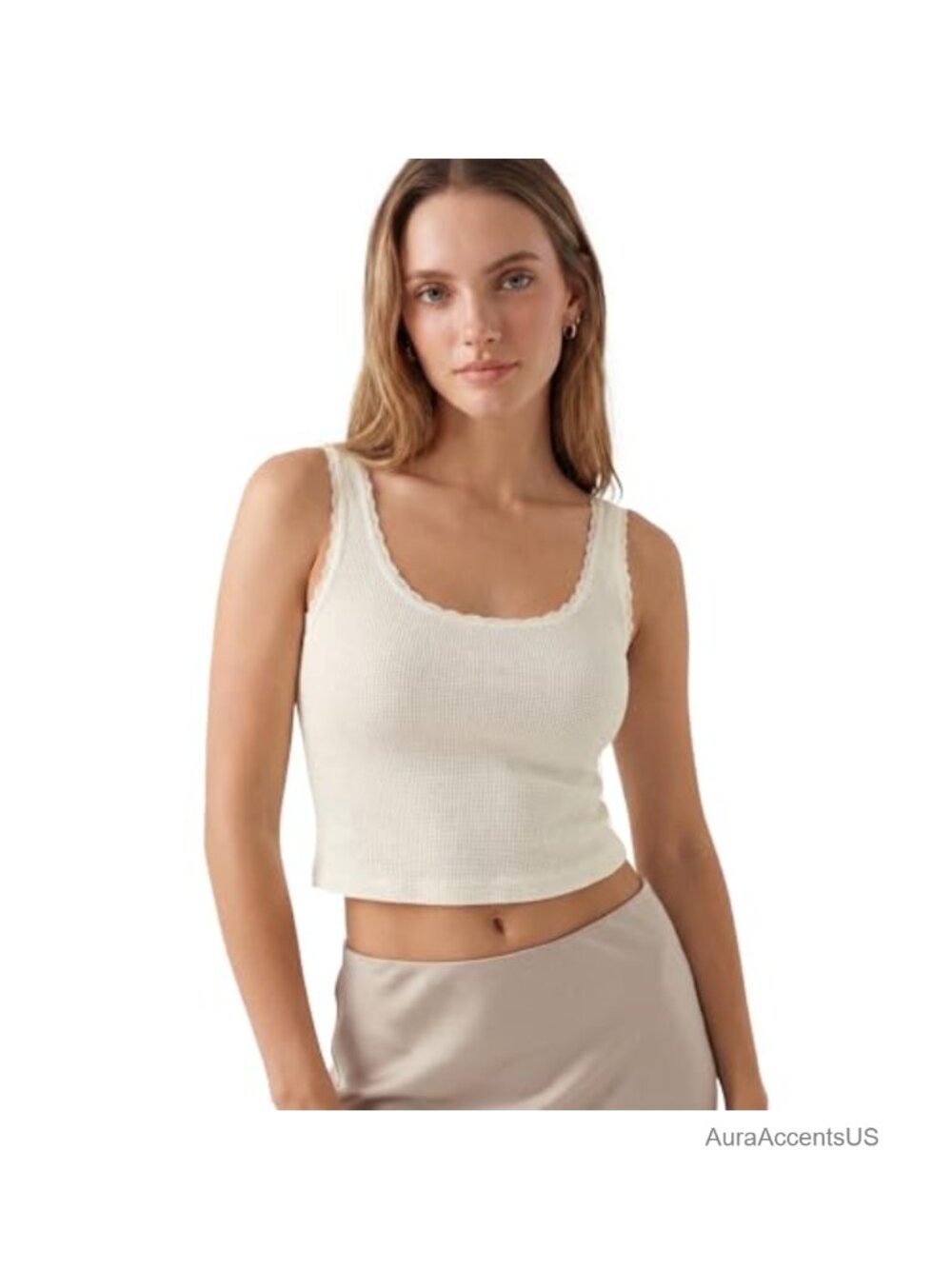 Waffle Knit Lace Trim Cropped Tank Top Sleeveless Scoop Neck